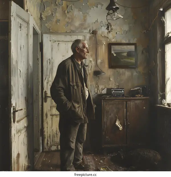 An old man standing in a room with a dog lying on the floor