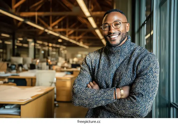 Smiling Black Man in Modern Office Setting