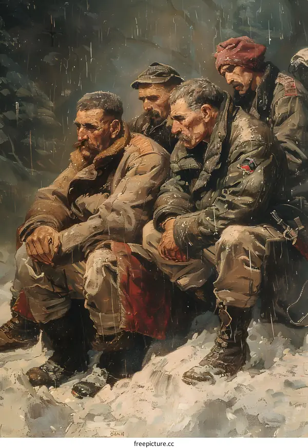 Four soldiers in winter uniform sit on a snowy hillside