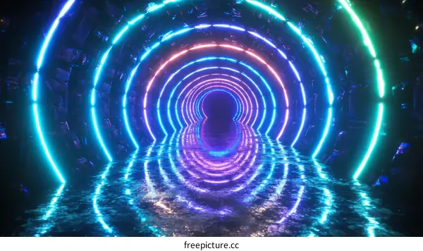 Neon Tunnel of Colors and Reflections
