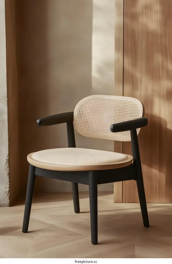 Modern Black and Beige Armchair with Caned Back