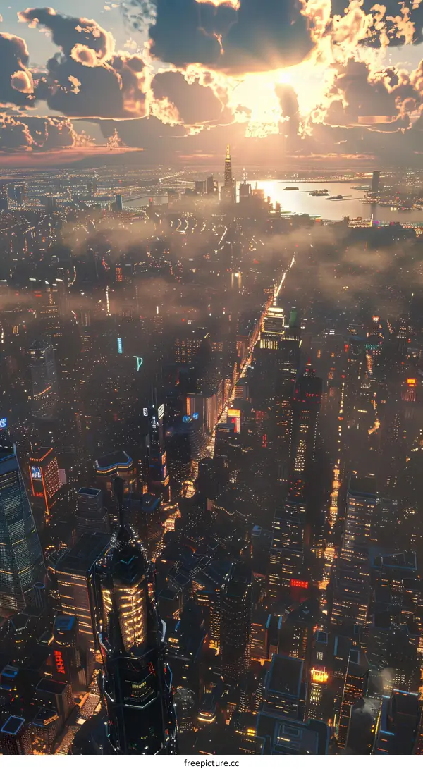 Cityscape Aerial View of New York at Sunset