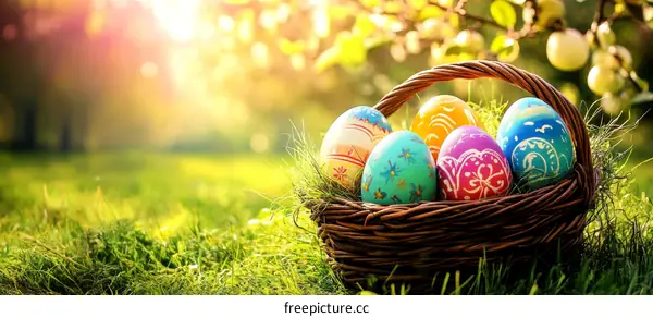Easter Eggs in a Basket in a Sunny Garden