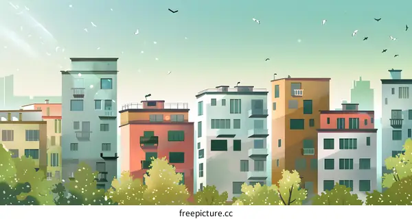 Urban Skyline Illustration With Birds Flying In The Sky