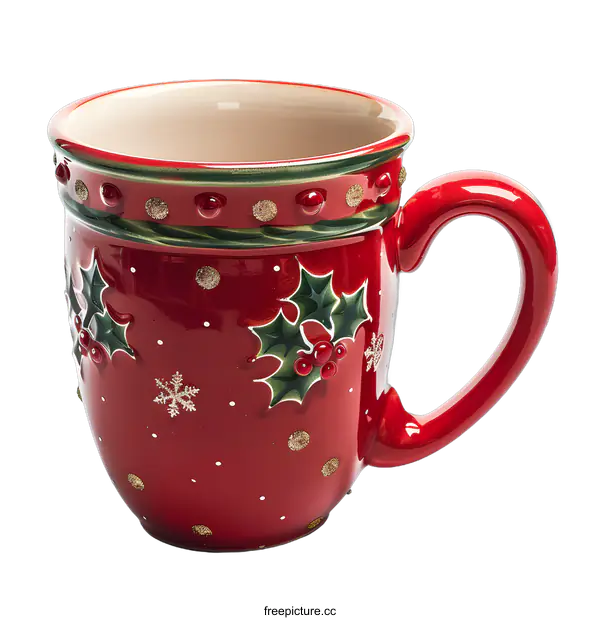 [Transparent Background PNG]Red Ceramic Mug with Holly and Snowflake Design