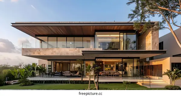 Modern Architecture Luxury Home With Wooden Roof And Large Windows