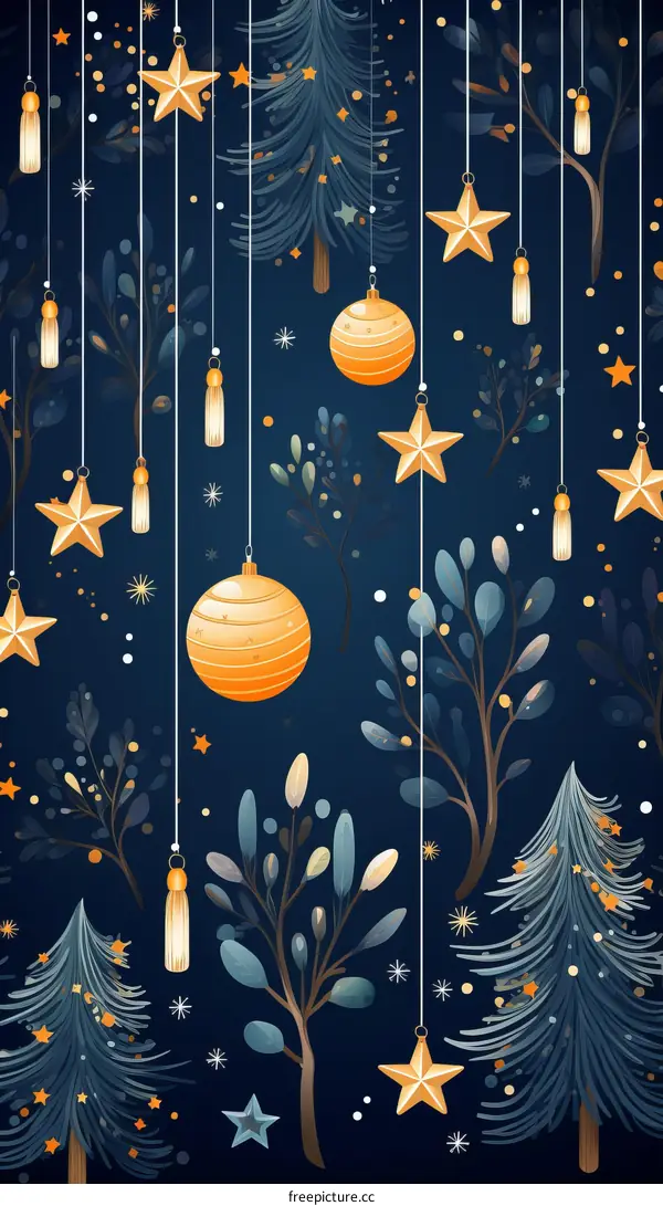 Christmas and New Year seamless pattern with fir trees, stars, balls and snowflakes