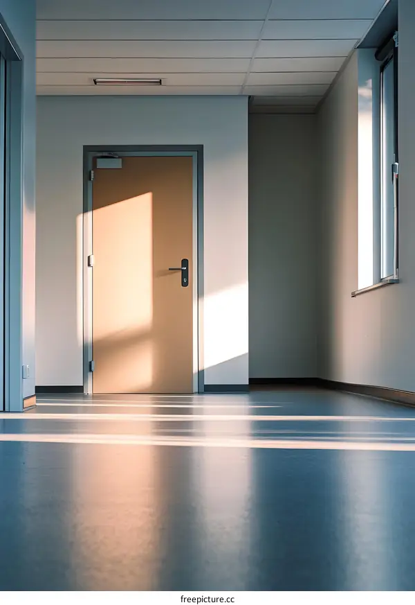 Sunlight Streaming Through a Doorway in an Empty Office Hallway