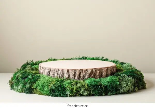 Natural Wooden Stump Display with Green Moss