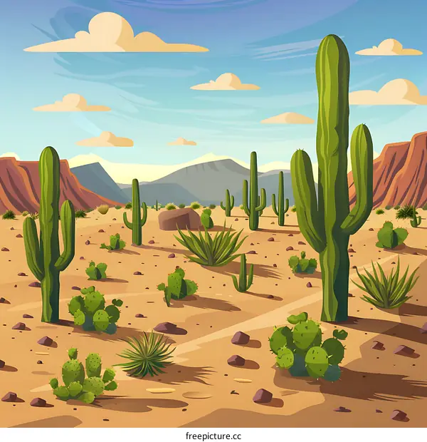 Desert Landscape with Cactus and Mountains Illustration