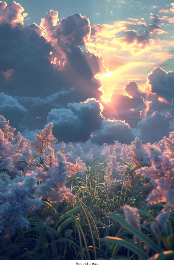 Flower field under the sunset