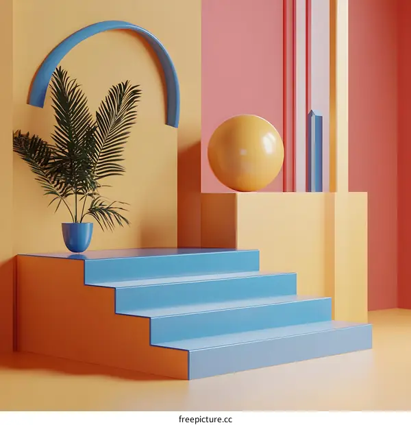 Abstract Geometric Shapes with Palm Tree and Stairs