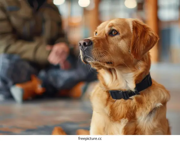 Golden Retriever Dog Looking Away with Person in Background