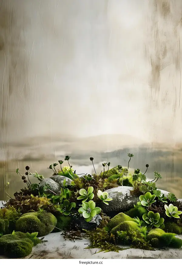 Green Moss and Stones on a Grey Background
