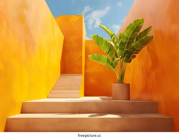 Minimalist Yellow Wall with Stairs and Plant