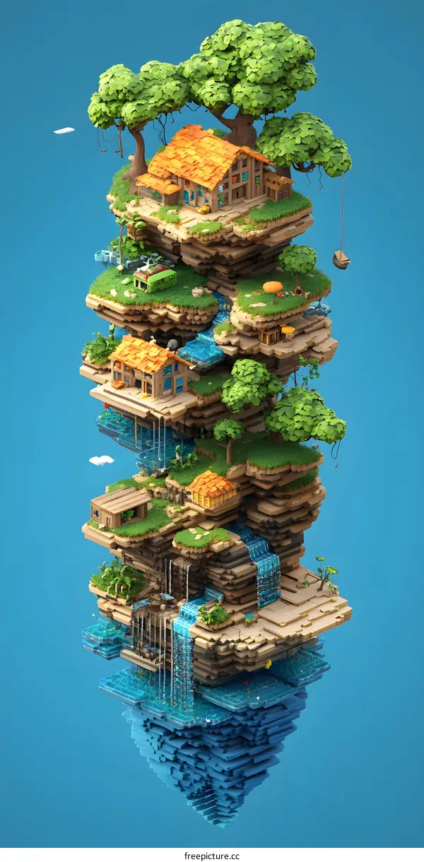 Floating Island Illustration with Houses, Trees and Waterfall