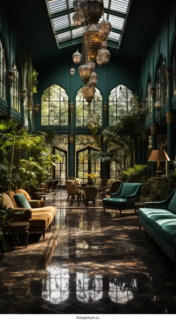 Elegant indoor sunroom with dark green walls and marble floors