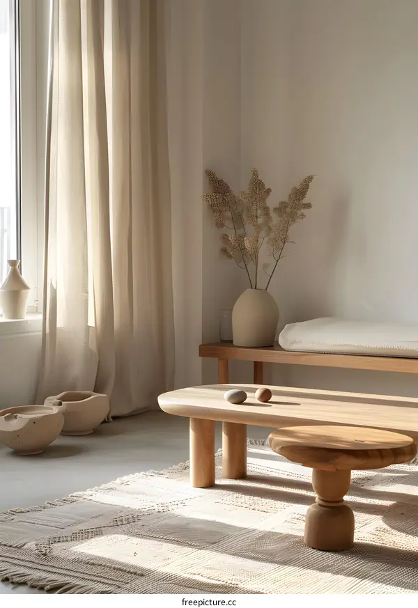 Minimalist Living Room with Wooden Coffee Table and Beige Rug