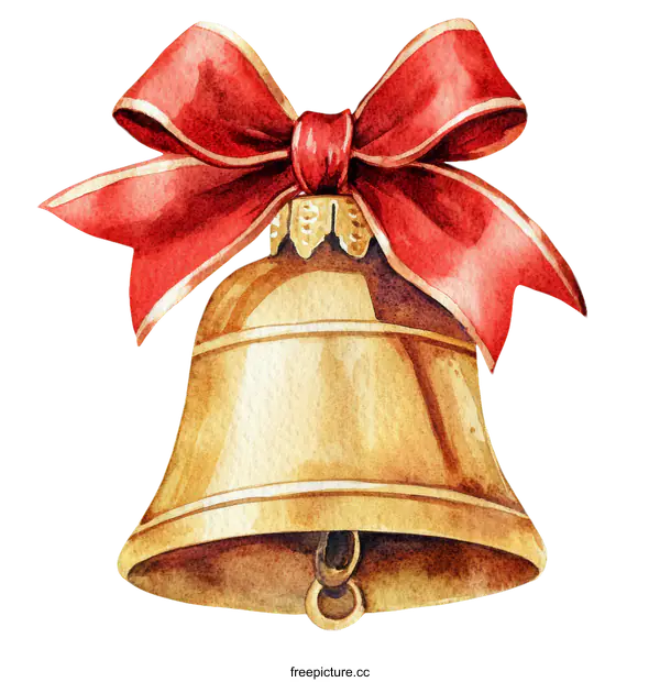 [Transparent Background PNG]Christmas Golden Bell with Red Ribbon Illustration