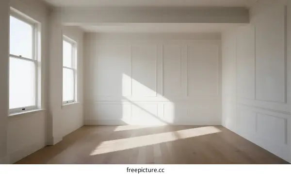 Empty room with white walls and wooden floor and windows