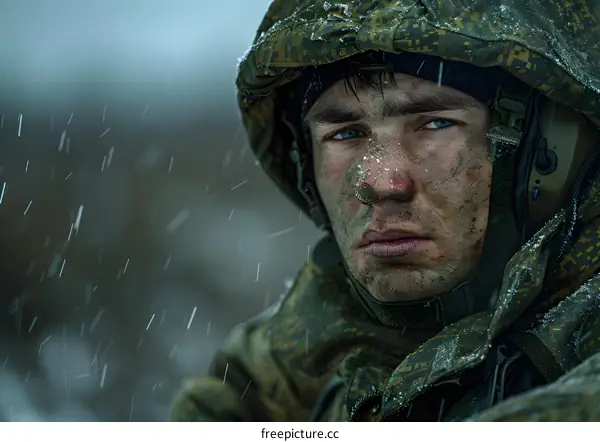 Portrait of a young soldier in the winter forest