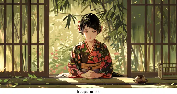 Woman in Kimono Looking Out of Window at Japanese Garden