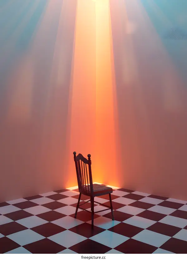 Single Chair In Room With Checkerboard Floor And Light Beams