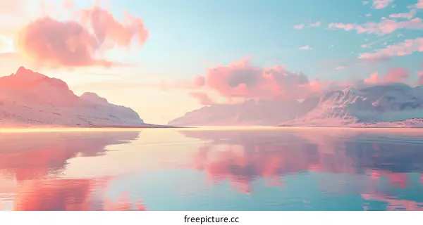 Pink Sky Reflecting in Calm Water with Snowy Mountains
