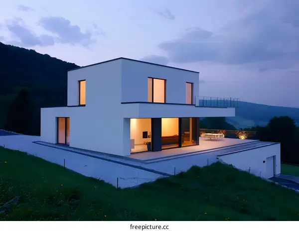 Modern White House with Large Windows and Terrace overlooking the Mountain View