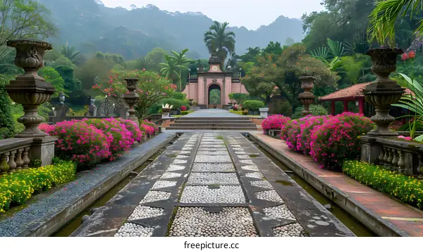 Long cobblestone path leading to a gate in a lush green park