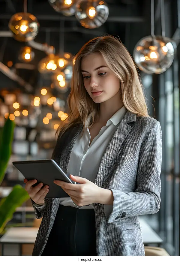 Young Woman in Business Attire Using Tablet in Cafe