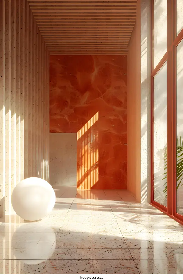 An empty hallway with a large sphere sculpture