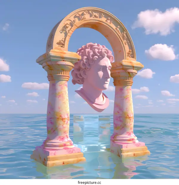Pink Marble Archway Sculpture With Ocean Background