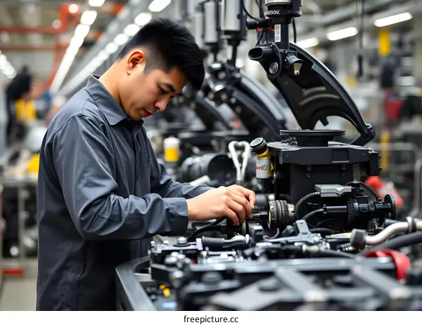 Asian Man Working on Machinery in Factory
