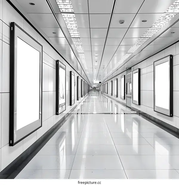 Empty Subway Corridor with Blank Advertising Panels