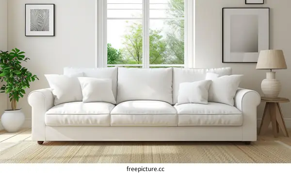 Bright living room interior with white sofa