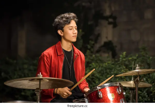 Asian Man Playing Drums Outdoor at Night