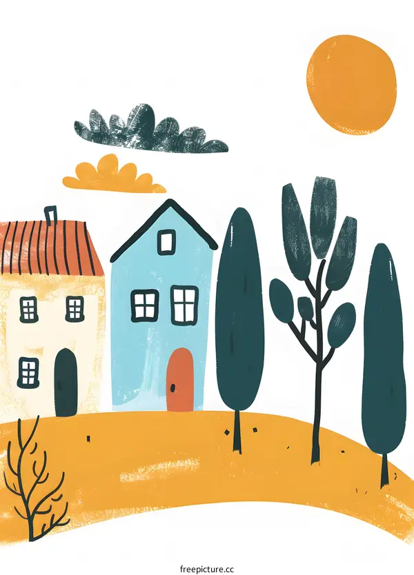 Hand Drawn Illustration Of A Small Town With Houses And Trees