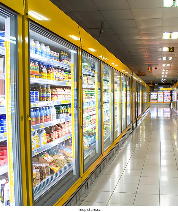 Refrigerated Food Display Aisle in Supermarket