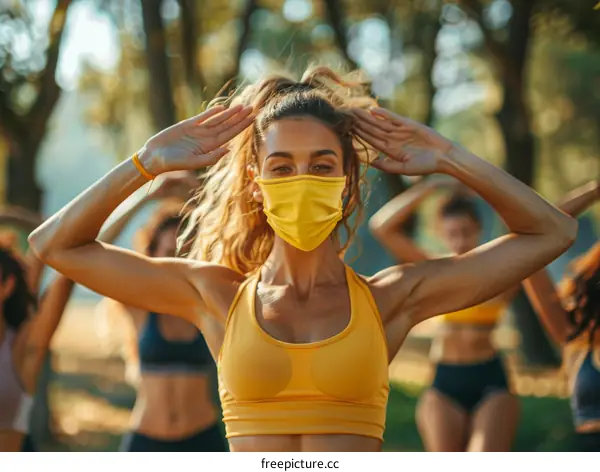 Yellow-clad women doing aerobics in a park