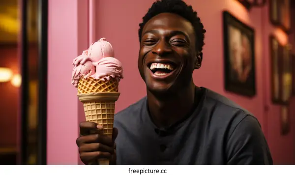 Happy man eating a large ice cream cone