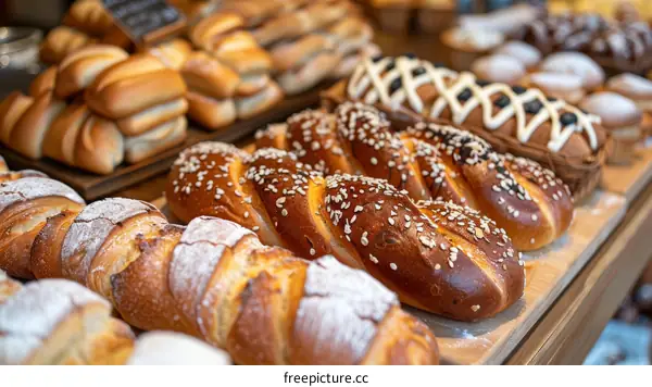 Loaf of bread and bread rolls with poppy seeds on a wooden table