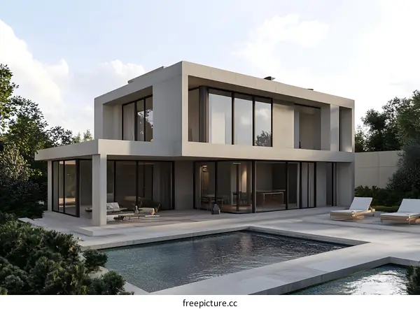 Modern Concrete House With Swimming Pool And Lush Greenery