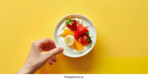 A hand holding a bowl of yogurt with strawberries, bananas, and peaches