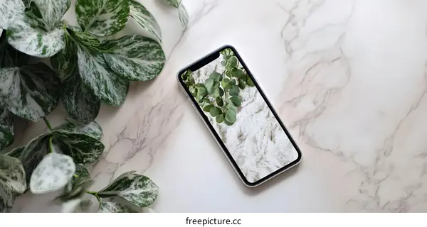 Smartphone with Green Leaves and White Furry Background on Marble Surface