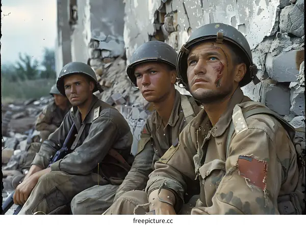 Three soldiers in a war zone