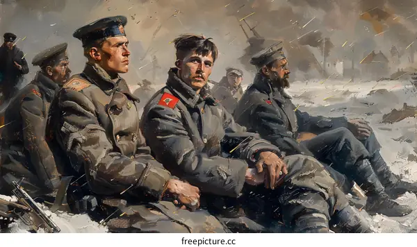 A group of soldiers sit on a snowy field during World War I