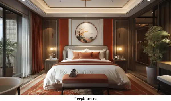 A bedroom with a large bed, a sitting area, and a balcony with a bathtub.