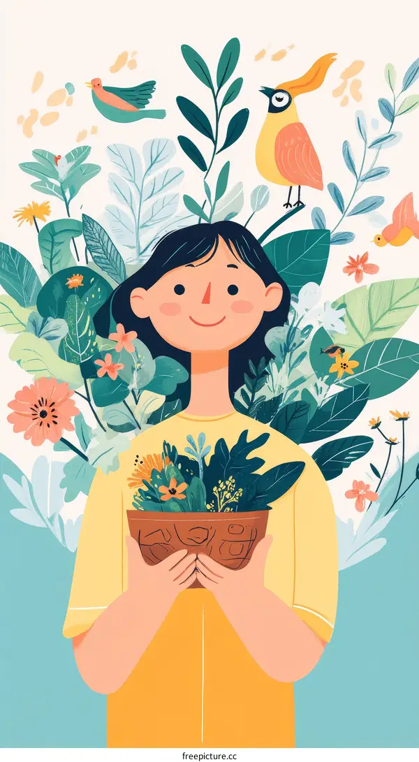 Girl with flowers and birds illustration
