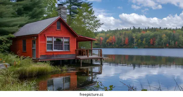 Small red cabin on lake in autumn